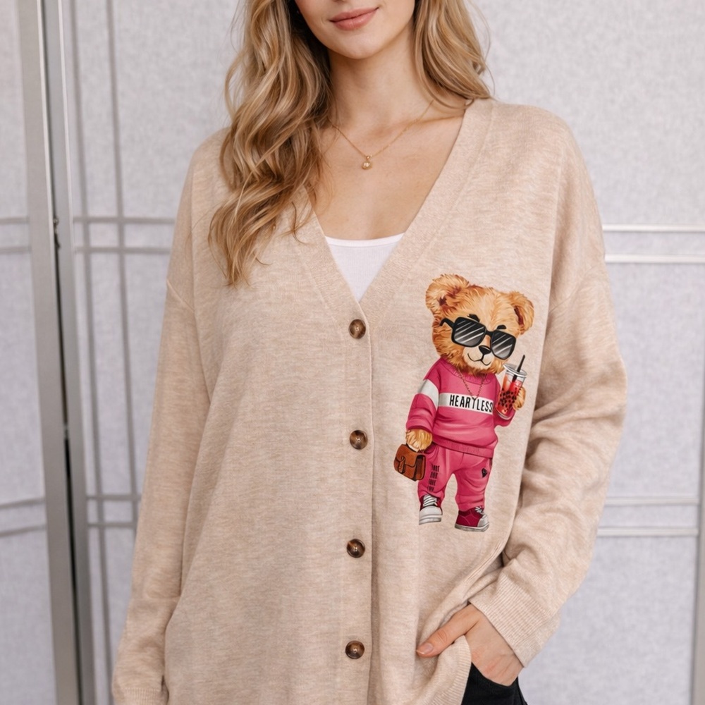 162 Women's Beige Cardigan with Bear Print